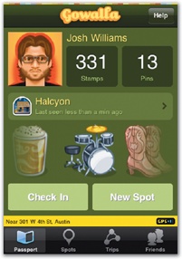 In its original version, Gowalla's main Passport view (left) put an emphasis on stats without even hinting at a check-in option. A later version (middle) replaced those stats with a chunky check-in button and an inviting display of your icon collection. In version 2.0, however, the Passport screen was demoted to the end of the tab bar, and the Activity screen became the first screen (right), emphasizing what's happening right now instead of your past history.