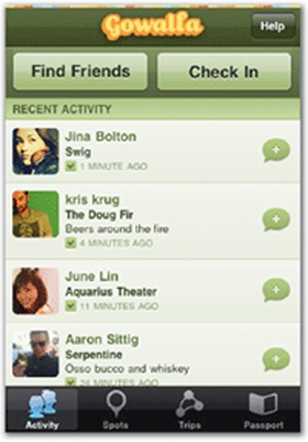 In its original version, Gowalla's main Passport view (left) put an emphasis on stats without even hinting at a check-in option. A later version (middle) replaced those stats with a chunky check-in button and an inviting display of your icon collection. In version 2.0, however, the Passport screen was demoted to the end of the tab bar, and the Activity screen became the first screen (right), emphasizing what's happening right now instead of your past history.