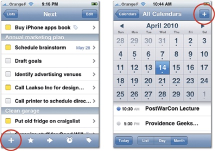 Tapworthy apps accommodate users in a hurry, optimizing for frequent, recurring jobs. The to-do list app Things (left) makes it fast to add new tasks from any screen: Just tap the + icon that's always parked at the bottom left of every screen. The built-in Calendar app takes a similar approach for new events, placing its + icon at the top right of all screens.