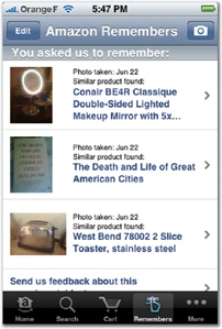 Shutterbug apps use the iPhone's camera to dish info about what users are looking at. Take a photo of just about any product with Amazon Mobile (left), and the app will identify it and provide an Amazon link for more info. RedLaser (middle) does a similar trick, but with bar codes; aim the camera at a bar code, and the app tells you where to find the best price. Babelshot (right) translates photographed text to and from scores of languages, a nifty trick for travel.