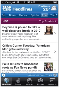 A well-designed app can improve on even a savvy mobile website. The www.usatoday.com mobile site (left) is cell phone-sized and built for quick loading over mobile networks. But the USA Today iPhone app (right) provides a much more efficient experience for scanning content and images, packing lots of content into each screen and delivering a strongly branded interface that never distracts.