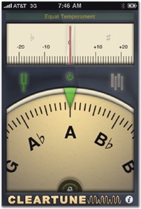 Tapworthy apps follow an interface convention familiar with all kinds of mechanical devices. Even when they don't directly mimic real-world gadgets, they organize controls at the bottom and content on top. From left, Cleartune, Weightbot, and iPod.