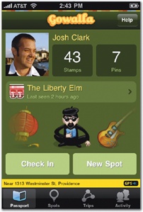 In Gowalla's Passport view (left) every display element doubles as a touch control, but the Check In and New Spot buttons anchor the screen as the most frequent tap targets. Similarly, while the stats at the top of RunKeeper Pro (right) are tappable, the main Stop and Pause buttons remain at bottom, leaving the stats display prominently visible at all times.