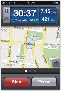 In Gowalla's Passport view (left) every display element doubles as a touch control, but the Check In and New Spot buttons anchor the screen as the most frequent tap targets. Similarly, while the stats at the top of RunKeeper Pro (right) are tappable, the main Stop and Pause buttons remain at bottom, leaving the stats display prominently visible at all times.