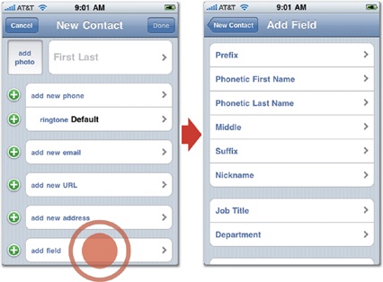 When you add a new contact, the Contacts app displays only a few primary fields (left). Tap the "add fields" button at screen bottom to go to a secondary screen (right), which offers 12 less common fields.