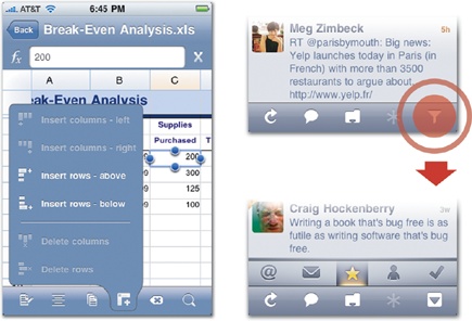 Quickoffice (left) offers secondary tools in popover menus when you tap an icon in the main toolbar. Twitterrific (right) similarly reveals icons in a second toolbar when you tap the funnel-shaped Filter icon at far right.