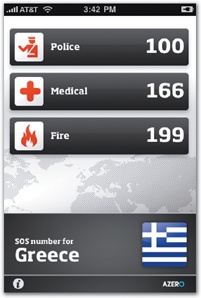 Single-screen utility apps demonstrate the flat-pages model at its simplest—no navigation beyond a settings screen. Global SOS (left) informs travelers of the emergency phone numbers for the current country, and the built-in Compass app (right) gives you your bearing. In both apps, tapping the "i" icon flips the card to show setting info. (See for more details about managing settings.)