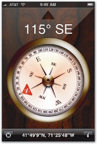 Single-screen utility apps demonstrate the flat-pages model at its simplest—no navigation beyond a settings screen. Global SOS (left) informs travelers of the emergency phone numbers for the current country, and the built-in Compass app (right) gives you your bearing. In both apps, tapping the "i" icon flips the card to show setting info. (See for more details about managing settings.)