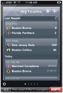 Screens in ESPN ScoreCenter show a roundup of sports scores, with each "page" targeted to a different team or league. Tap the gear icon to see the app's settings.