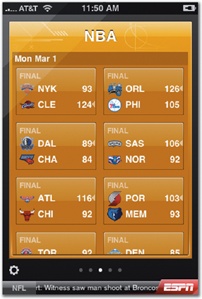 Screens in ESPN ScoreCenter show a roundup of sports scores, with each "page" targeted to a different team or league. Tap the gear icon to see the app's settings.