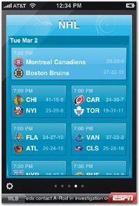 Screens in ESPN ScoreCenter show a roundup of sports scores, with each "page" targeted to a different team or league. Tap the gear icon to see the app's settings.