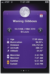 Phases uses flat pages to display different aspects of the lunar cycle. A tab bar would provide a more natural navigation model for this type and amount of content.