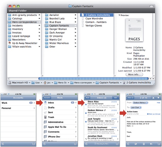 Tree-structure apps use the same file/category structure that we use to organize our desktop computers. The column view of Mac OS X (top) matches up conceptually and visually to tree-structure apps. The built-in Mail app lets you drill down to an individual mail message the same way you would drill down through folders on the desktop. Tap an account, then a mailbox, then a message to finally see its details.