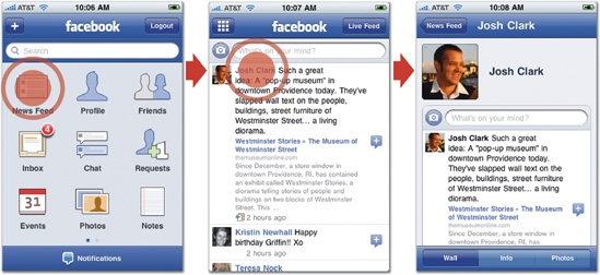 Facebook (top) uses icons in its main screen to represent the app's primary features. The built-in Photos app (bottom) uses thumbnail images to represent individual photos in the album view.