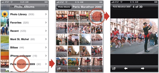 Facebook (top) uses icons in its main screen to represent the app's primary features. The built-in Photos app (bottom) uses thumbnail images to represent individual photos in the album view.