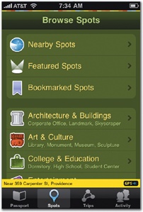 Gowalla uses tab-bar navigation for moving among its primary features but offers list-based tree navigation from three of those main screens as subnavigation. Here, the top-level Spots and Trips screens let you browse local places and scavenger hunts. Tap a category to drill down into the app's collection of content.