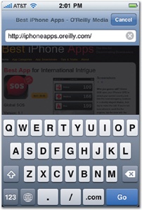 Safari's operation relies on a collection of modal views instead of navigating a flowing series of screens. The keyboard as well as the email and bookmark screens are all modal views that you use to change or share the content of the main screen. They all briefly replace the browser window until you complete the task. (With the keyboard at left, the main browser window is visible underneath, but dimmed and inaccessible, peeking through the modal view that covers it.)