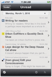 Standard interface elements don't have to be bland. Even relatively small tweaks of color and style let you give an app its own personality. The built-in Notes app (left) takes the look of a legal pad by putting colors and fonts to work in its navigation bar and text area; sketched versions of standard toolbar icons complete the sketchpad look. Reeder, a Google Reader app (middle), creates a rich look by adding a subtle gray texture to its navigation bar and toolbar and styling its list headings as torn paper. Phases (right) colors familiar iPhone controls to create an intuitive but altogether individual look.