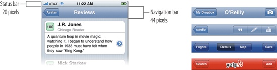 The standard arrangement of the navigation bar (left) displays a back button at left and the screen title at center, but you can customize the navigation bar with your own colors, controls, labels, or graphics, as shown in the examples at right. As shown here, the navigation bar is 44 pixels tall in portrait orientation, but when you flip to landscape, it shrinks to 32 pixels. (For more on this and other considerations of landscape layouts, see ; is all about working in landscape orientation.)