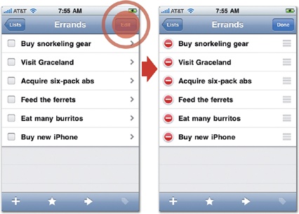 In Things (right), tapping the Edit button summons controls for deleting and moving items in a list.