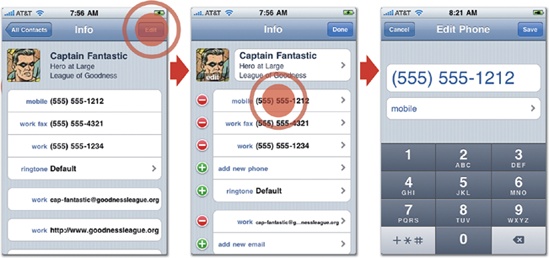 In Contacts (below), tapping Edit likewise changes the screen to edit mode (middle); from there, tapping a phone number calls up a new edit screen (right) with Cancel and Save buttons in the navigation bar.