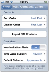 Grouped lists subdivide a table view into islands of sublists. Each of these groups can optionally display a header or footer, like the table view in the Settings app at left, or you can leave them completely unlabeled, like the table view in the CardStar app at right. If a group includes just one item, it looks like a wide button, a useful effect that can replace the need for a regular rectangle button (page 172).