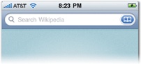 Wikipanion, a Wikipedia browser, includes the Bookmarks button at the right side of its search bar (top), and tapping that button displays a list of bookmarked Wikipedia articles to choose from. Once you start typing, the Bookmarks button is replaced by the Cancel button (bottom), which you can tap to clear the text.