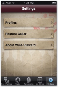 Wine Steward uses good old table views, but creates a vintage ambience by draping a backdrop image across the screen, with a parchment graphic in the background of each table cell that makes each entry appear to be written on an aged wine label. The burgundy-tinted navigation bar maintains the app's wine flavor.