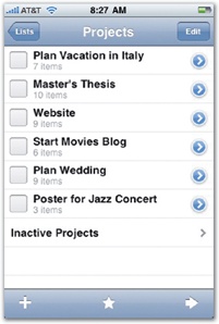 The blue arrow (the detail disclosure button) signals that tapping will take you to a detail screen for the selected content. For better or worse, many apps set up this button to take you to a different view than tapping elsewhere in the same cell, so it's important that it stand out as a separate button. Things (left) uses the standard blue button to good effect, but Reeder, an excellent app for reading news feeds, uses a custom version. Without the signature outline and blue color, Reeder's custom button blends in too much. It's not clear that tapping the button will take you to a different view than tapping elsewhere in the table cell (which it does).