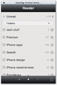 The blue arrow (the detail disclosure button) signals that tapping will take you to a detail screen for the selected content. For better or worse, many apps set up this button to take you to a different view than tapping elsewhere in the same cell, so it's important that it stand out as a separate button. Things (left) uses the standard blue button to good effect, but Reeder, an excellent app for reading news feeds, uses a custom version. Without the signature outline and blue color, Reeder's custom button blends in too much. It's not clear that tapping the button will take you to a different view than tapping elsewhere in the table cell (which it does).