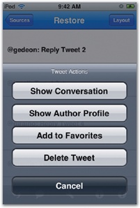 Through the early design stages of Twitterrific 2, the action buttons evolved from a standard action sheet to a row of action buttons, and finally became two rows with buttons carefully placed according to thumb-tapping ease.