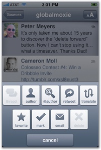 Through the early design stages of Twitterrific 2, the action buttons evolved from a standard action sheet to a row of action buttons, and finally became two rows with buttons carefully placed according to thumb-tapping ease.