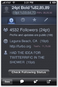 Twitterrific 2 went through several design revisions, starting with a no-frills working prototype. Here, the profile screen evolves from prototype to final design.