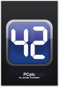 Because the app has several screen variations, PCalc's launch image can't mimic the app's interface and instead displays a logo (left). This image appears only briefly before being replaced by a screenshot image from the last session (right). On slower hardware, a tongue-in-cheek status message appears while the app finishes loading.