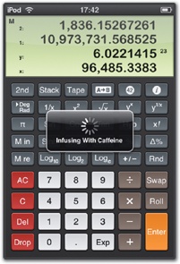 Because the app has several screen variations, PCalc's launch image can't mimic the app's interface and instead displays a logo (left). This image appears only briefly before being replaced by a screenshot image from the last session (right). On slower hardware, a tongue-in-cheek status message appears while the app finishes loading.