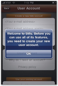 Note-taking app Evernote (left) offers an attractive welcome screen to invite first-timers to sign in or register. Bills on Your Table (right) nearly does the right thing but takes you to a settings screen with an alert box to explain what's going on. A purpose-built welcome screen would do the job better.