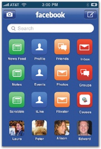 Three drafts of the top-level screen for Facebook 3.0, inspired by the springboard grid of the iPhone Home screen. The left mockup introduced the concept and overall layout, evolving into the final design at right.