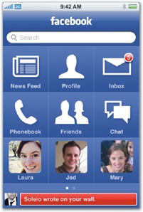 Three drafts of the top-level screen for Facebook 3.0, inspired by the springboard grid of the iPhone Home screen. The left mockup introduced the concept and overall layout, evolving into the final design at right.