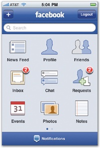 Three drafts of the top-level screen for Facebook 3.0, inspired by the springboard grid of the iPhone Home screen. The left mockup introduced the concept and overall layout, evolving into the final design at right.