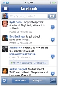 The news feed's evolution for Facebook 3.0, from left to right. Early versions included extra interface chrome for filtering news feeds. The final design (right) tucked the filters behind a button at the right side of the navigation bar, freeing space to anchor the status and picture controls in a toolbar at the top of the screen.