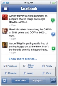 The news feed's evolution for Facebook 3.0, from left to right. Early versions included extra interface chrome for filtering news feeds. The final design (right) tucked the filters behind a button at the right side of the navigation bar, freeing space to anchor the status and picture controls in a toolbar at the top of the screen.