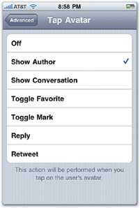 Twitterrific's settings let you customize the action for three gestures: Tapping an avatar, double-tapping a tweet, or triple-tapping (left). For each gesture, you can choose a range of possible actions (right).