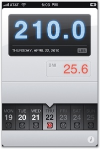 Turn Weightbot on its left side (top) to see stats and a progress bar toward your goal; flip it to its right side (bottom) to see a line graph of your weight over time.