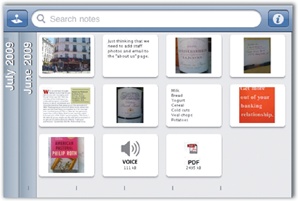 Evernote's portrait view (left) offers a thumbnail image with a text description of each note. The landscape view (right) drops the text to offer a dense ribbon of images to browse.