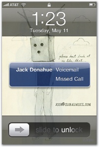 The Phone app (left) triggers a notification when you've missed a call or received a voicemail. At your request, the Umbrella app (right) can notify you when it's going to rain today.