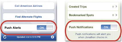 FlightTrack Pro (left) tracks flight departures, arrivals, and delays, but lets you turn notifications on for individual flights while tracking others more passively. Similarly, social networking app Gowalla (right) lets you choose the friends whose status updates you want to receive.