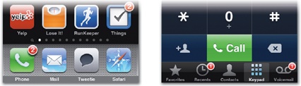 The Phone app lights up its badge with "2" for a single missed call (left), once for a recent call and another for the voicemail (right). This miscount is not only misleading but obliges you to tap over to the Recents screen to clear the badge even after you've listened to the caller's voicemail message.