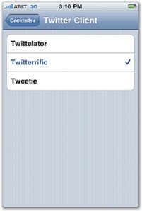 The Cocktails+ app links to the Twitter app of your choice to announce your potent potable. After choosing your preferred Twitter app (left), you can tap "Share via Twitter" from a recipe page, and the app launches the other app (Twitterrific, right) with some suggested tweet text.
