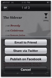 The Cocktails+ app links to the Twitter app of your choice to announce your potent potable. After choosing your preferred Twitter app (left), you can tap "Share via Twitter" from a recipe page, and the app launches the other app (Twitterrific, right) with some suggested tweet text.