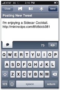 The Cocktails+ app links to the Twitter app of your choice to announce your potent potable. After choosing your preferred Twitter app (left), you can tap "Share via Twitter" from a recipe page, and the app launches the other app (Twitterrific, right) with some suggested tweet text.